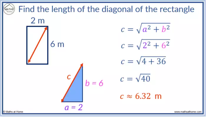Exemplos de cálculo de diagonal de retângulos com diferentes dimensões.