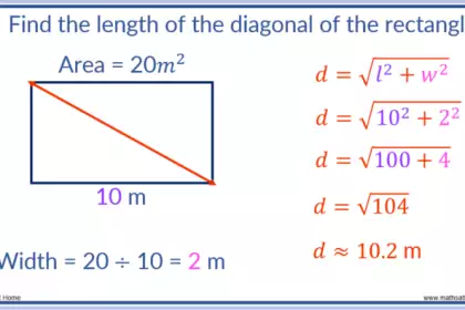 Método para determinar a medida da diagonal de um retângulo usando o Teorema de Pitágoras.