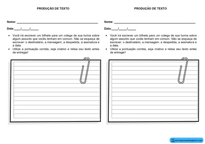 Produção de texto bilhete - Ponto do Conhecimento